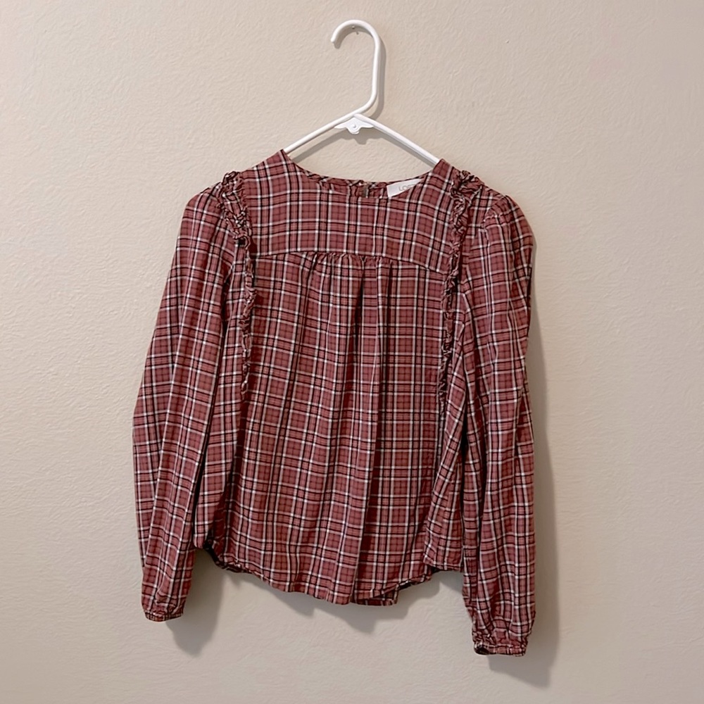 Loft Burnt orange plaid blouse with cute ruffle details!